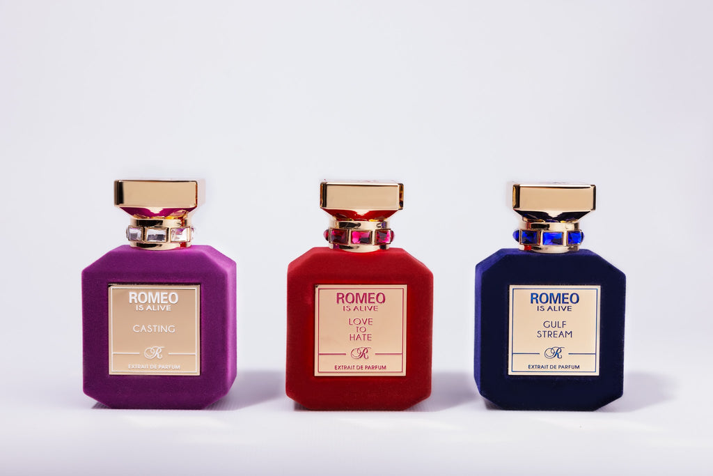 Les trois extraits de parfum Romeo is Alive alignés : Casting, Love to Hate et Gulf Stream
