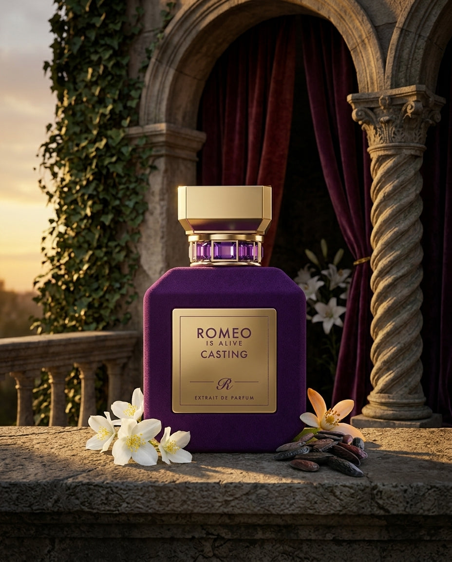 Casting, extrait de parfum Romeo is Alive, posé sur la balustrade d'un balcon de Vérone au crépuscule, avec jasmin, fleur d'oranger et fèves tonka
