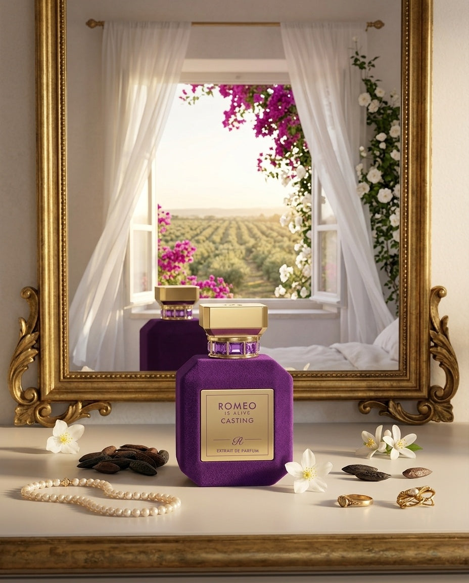 Casting, extrait de parfum Romeo is Alive, sur une coiffeuse ancienne devant un miroir doré, entouré de jasmin, de fleurs d'oranger, de fèves tonka et de quelques bijoux anciens ; dans le reflet, une fenêtre aux voilages blancs ouverte sur un champ d'oliviers