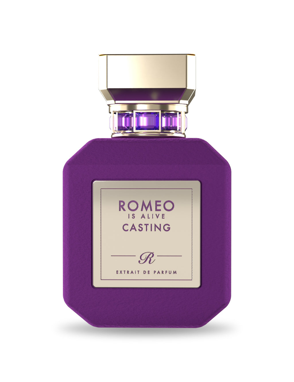 Casting, extrait de parfum Romeo is Alive : flacon en velours violet sur fond blanc