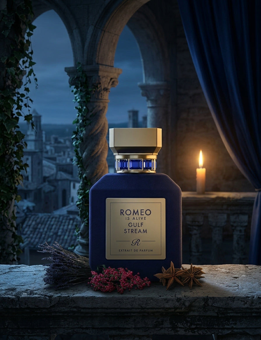 Gulf Stream, extrait de parfum Romeo is Alive, sur un balcon de Vérone la nuit sous la lune, avec lavande, baies roses et anis étoilé