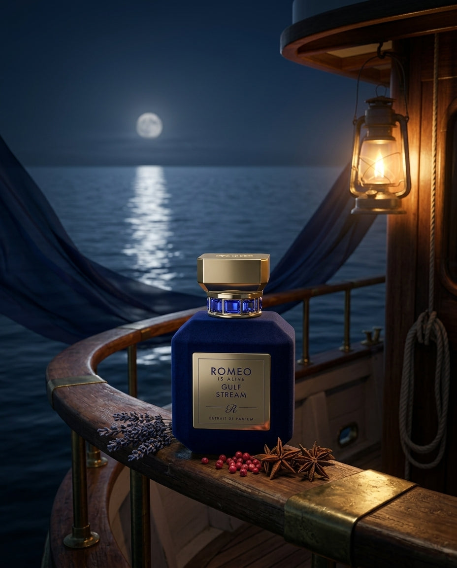 Gulf Stream, extrait de parfum Romeo is Alive, posé sur la rambarde en bois d'un yacht ancien la nuit, avec la pleine lune qui se reflète sur la mer, de la lavande, des baies roses et de l'anis étoilé