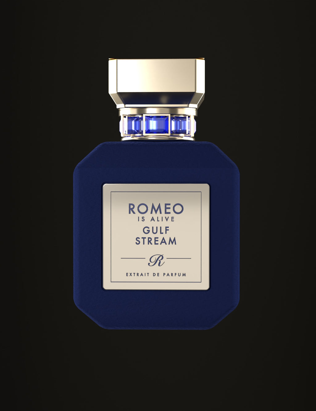 Gulf Stream, extrait de parfum Romeo is Alive : flacon en velours bleu nuit, bouchon doré, bague sertie de pierres bleues et plaque dorée gravée