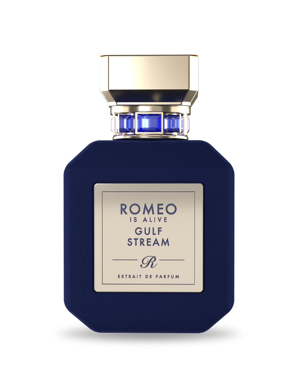 Gulf Stream, extrait de parfum Romeo is Alive : flacon en velours bleu nuit sur fond blanc