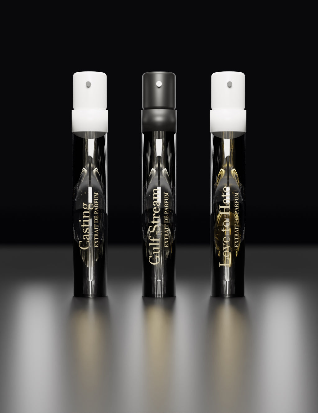 Kit Découverte Romeo is Alive : trois vaporisateurs de 2 ml Casting, Gulf Stream et Love to Hate sur fond noir