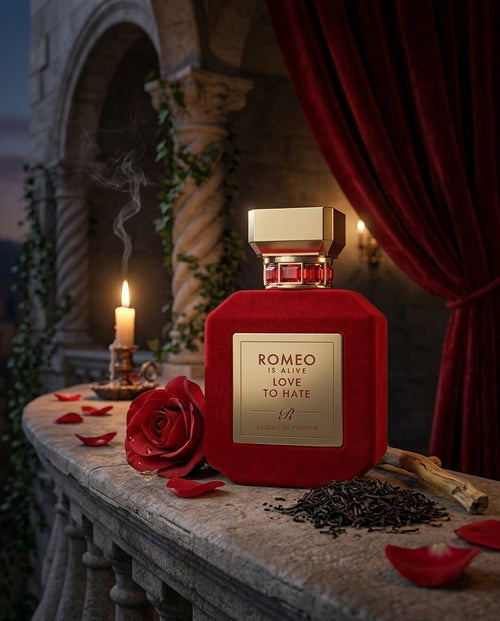 Love to Hate, extrait de parfum Romeo is Alive : flacon de velours rouge posé sur la balustrade d'un balcon de Vérone à la tombée de la nuit, avec une rose rouge, du thé noir, une bougie et des pétales de rose
