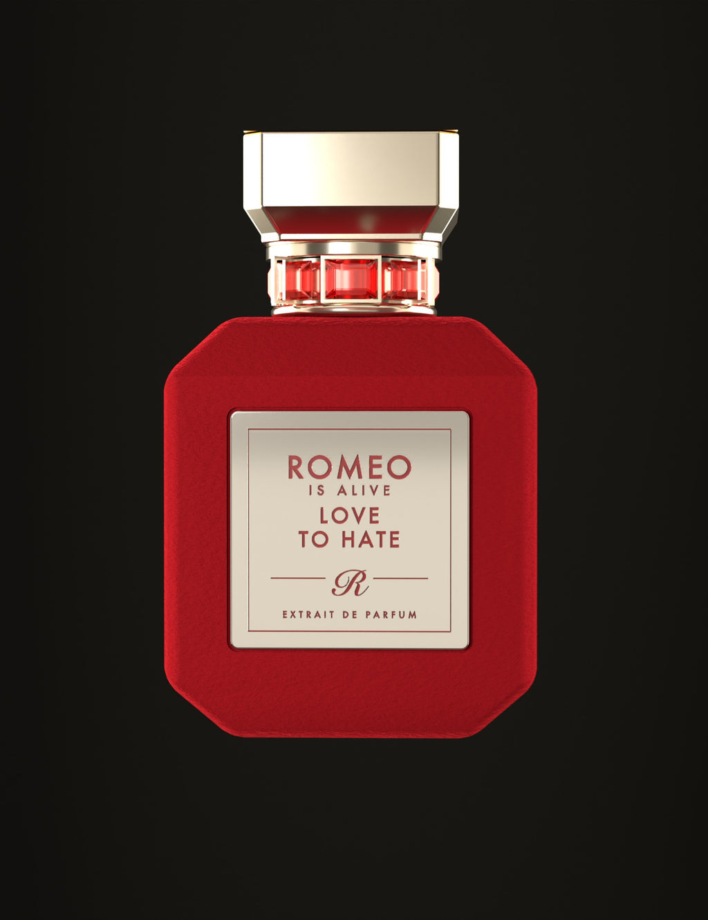 Love to Hate, extrait de parfum Romeo is Alive : flacon en velours rouge, bouchon doré, bague sertie de pierres rouges et plaque dorée gravée