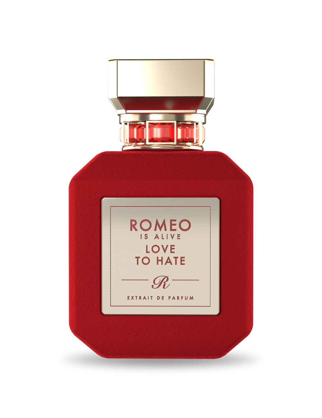 Love to Hate, extrait de parfum Romeo is Alive : flacon en velours rouge sur fond blanc