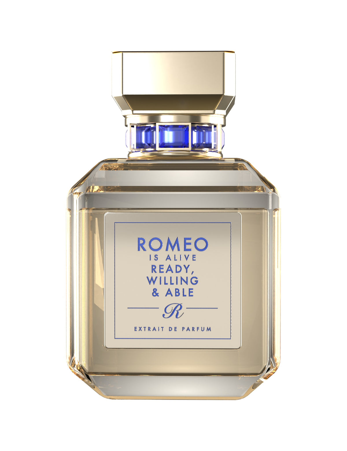 Ready, Willing & Able, extrait de parfum Romeo is Alive : flacon en verre transparent sur fond blanc