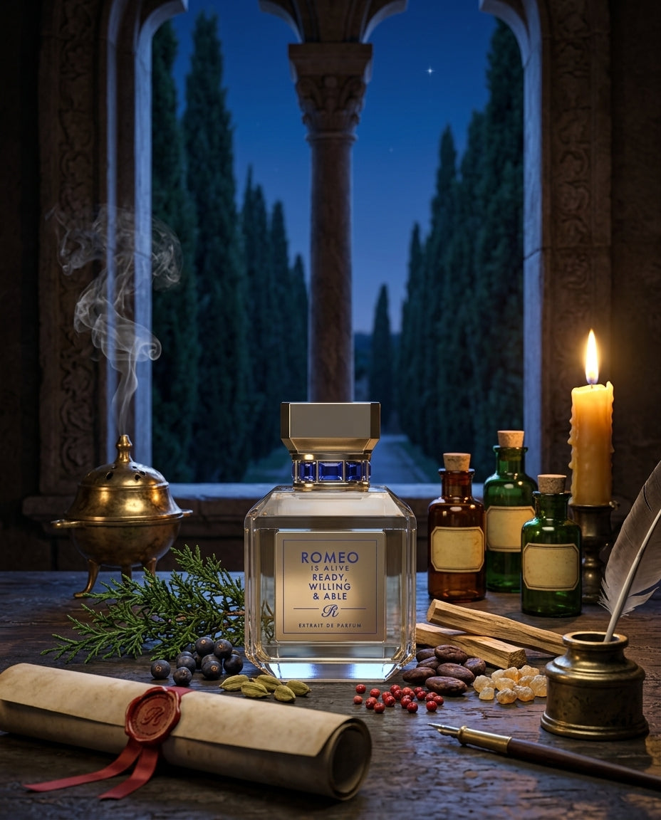 Ready, Willing & Able, extrait de parfum Romeo is Alive, posé sur une table devant la fenêtre d'une chapelle de Vérone à l'heure bleue, avec un contrat de parchemin scellé de cire rouge, une plume et un encrier, des fioles d'apothicaire, un encensoir et une bougie